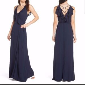 Wayf  Jamie Ruffle Wrap Gown Lattice Back Navy Blue Maxi Dress Green Size Small